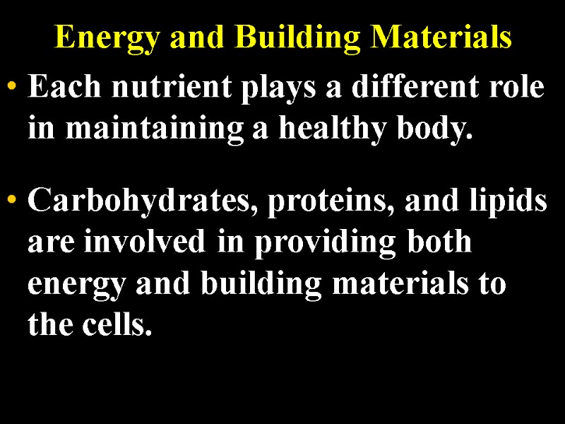 Energy and Building Materials Each nutrient plays a different role in maintaining a healthy